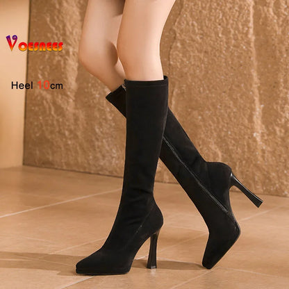 Black Knee High Boots For Women Pointed Toe 10cm High Heel Platform Side Zipper Slim Party Tall Boots Autumn Winter Lady Shoes