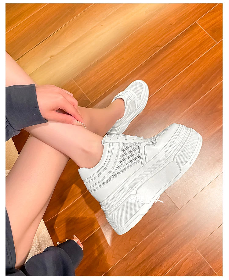 10-14cm Chunky Sneakers Women Platform Shoes Elevator Shoe White Mesh Breathable Sneakers Real Leather Increasing Shoes