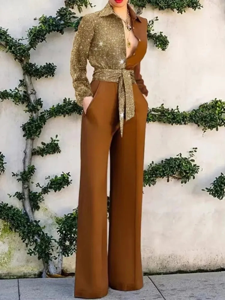 2026 New Women's Jumpsuit Fashion V-neck Sexy One-pieces Wide Leg Pants Party Shiny Elegant Rompers Ladies Chic Casual Bodysuits