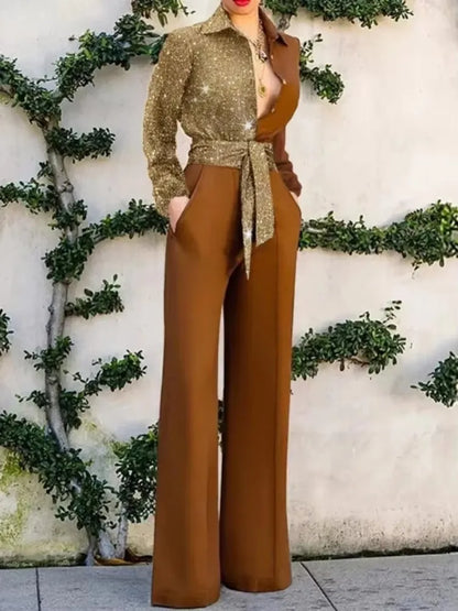 2026 New Women's Jumpsuit Fashion V-neck Sexy One-pieces Wide Leg Pants Party Shiny Elegant Rompers Ladies Chic Casual Bodysuits