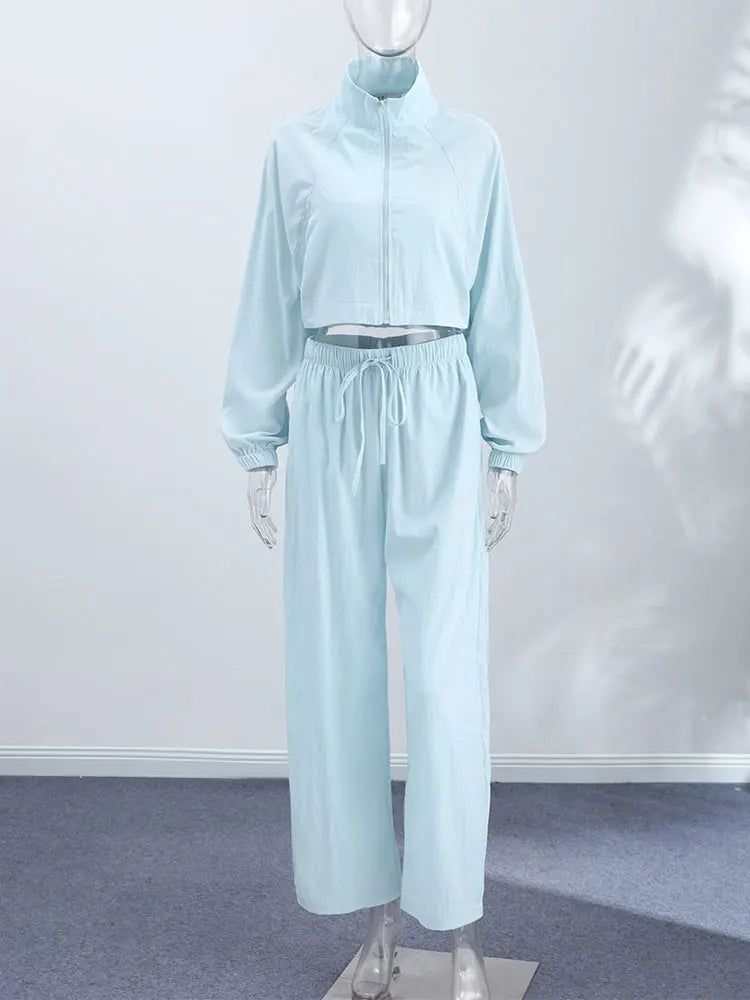 Stand Collar Thin Cropped Coats Pants Suits Women Street Lantern Long Sleeve Zipper Loose Tops Drawstring Wide Leg Trousers Sets