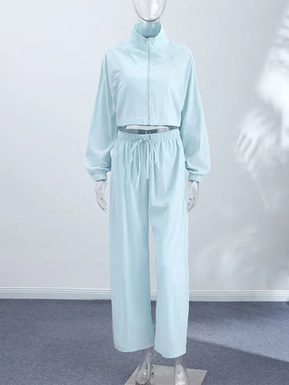Stand Collar Thin Cropped Coats Pants Suits Women Street Lantern Long Sleeve Zipper Loose Tops Drawstring Wide Leg Trousers Sets