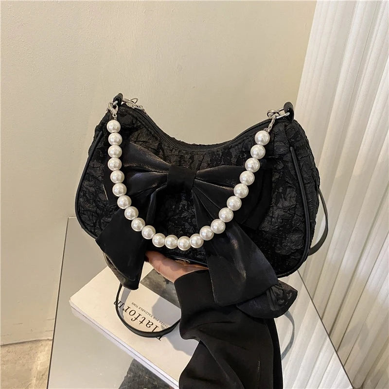White Folds Pearl Female Bag Retro Luxury Designer Handbag Bow Crossbody Bags Fashion Y2K Vintage Women's Shoulder Bag Purses