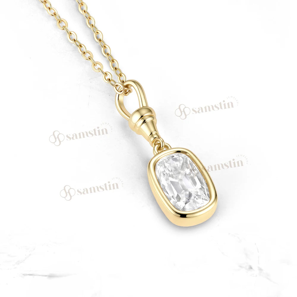 Samstin 2CT OMC Cushion Moissanite Custom Necklace for Women Solid 14K 10K Yellow Gold Engagement Necklace for Christmas Gifts