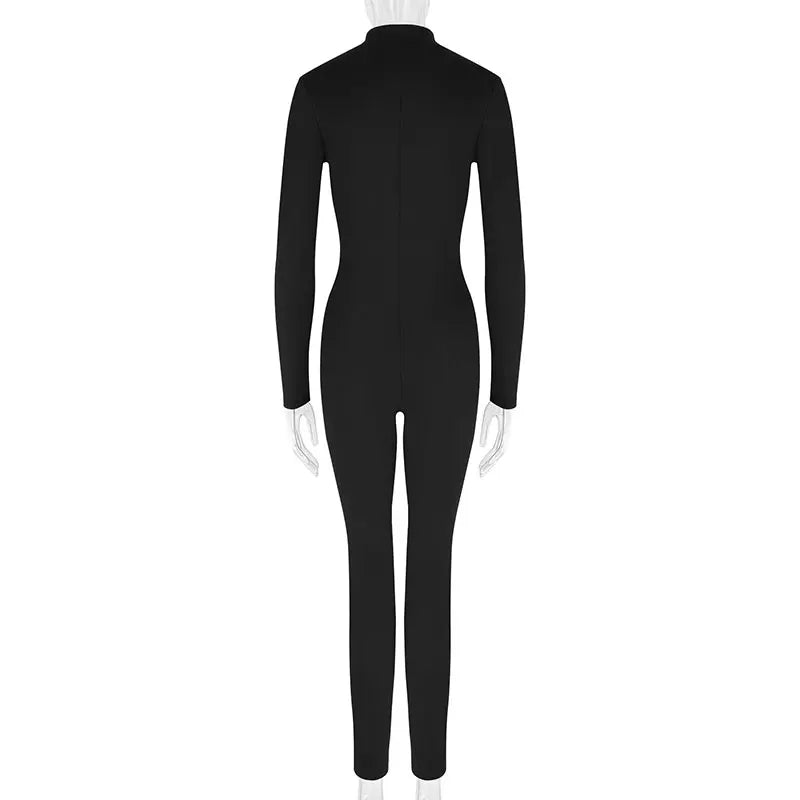 Autumn New Women's Jumpsuits Fashion Streetwear Long Sleeves Half High Collar Zippers Bodycon Rompers Black Sexy Lady Jumpsuits