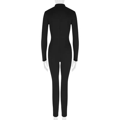 Autumn New Women's Jumpsuits Fashion Streetwear Long Sleeves Half High Collar Zippers Bodycon Rompers Black Sexy Lady Jumpsuits