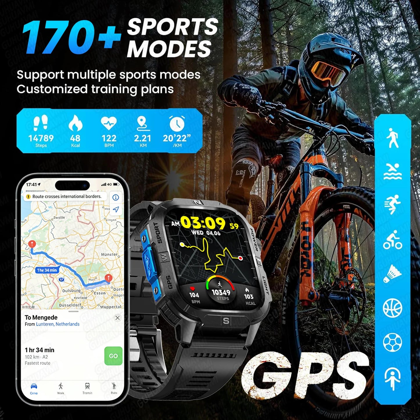New Outdoor Military Men Smartwatch Equipped With GPS Sports LED Lighting, Compass, Wireless Communication IP68 Waterproof Watch