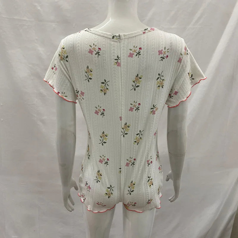 Summer Women's Floral Print Lace Trim Button Front Short Sleeve Ruffled Hem Bodycon Romper Pajamas Loungewear Sleepwear for Home