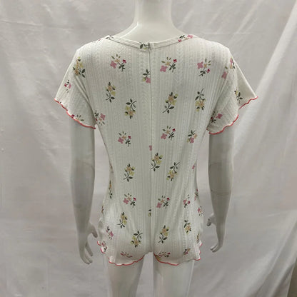Summer Women's Floral Print Lace Trim Button Front Short Sleeve Ruffled Hem Bodycon Romper Pajamas Loungewear Sleepwear for Home