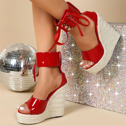 Liyke 2026 Summer Fashion Lace Up Cover Strap Women Wedge Sandals Straw Rope Weave Platform High Heels Open Toe Party Dress Shoe