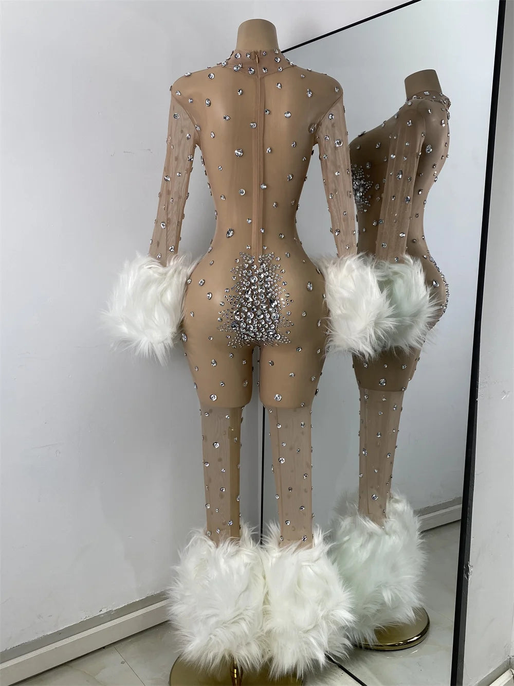 Luxury Diamonds Mesh Transparent Stretchy Jumpsuit for Women Sexy Long Sleeve Performance Singer Costume Nightclub Outfit 2025