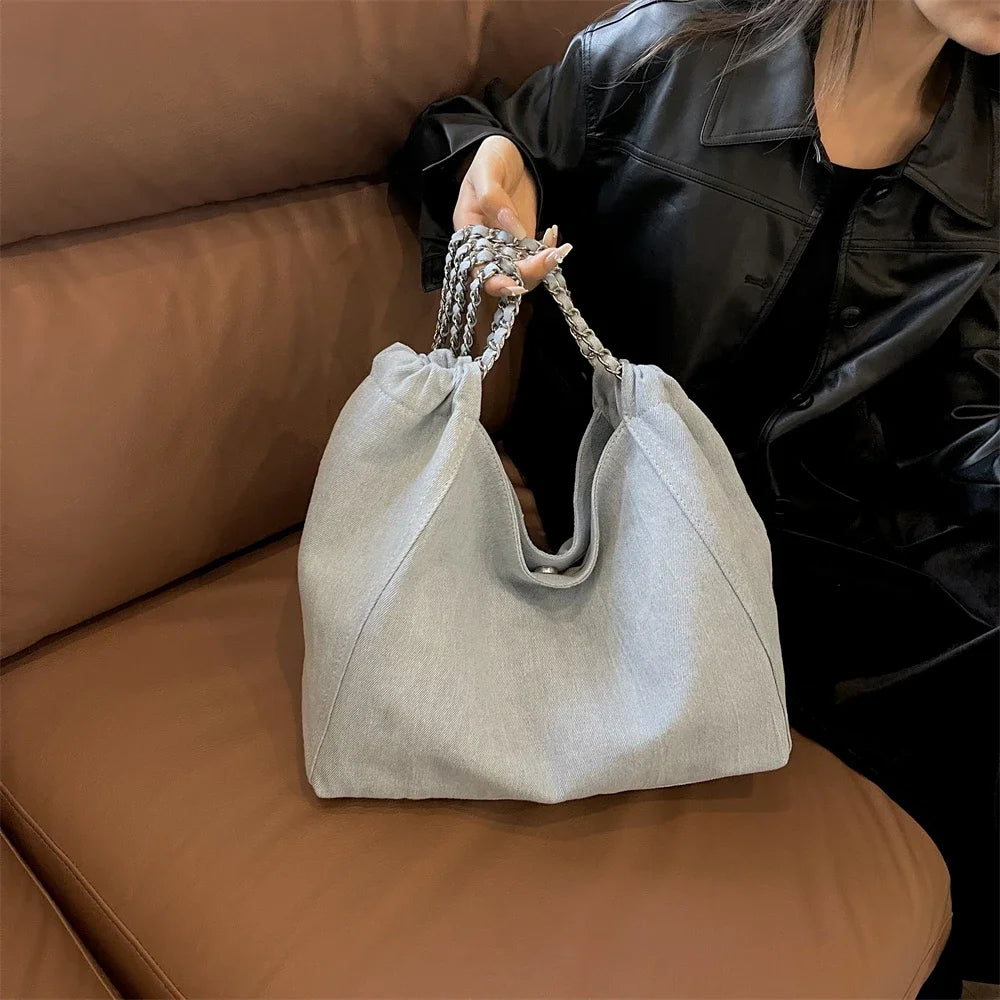 Chic Style Big Chain Shoulder Tote Bags For Women 2023 Luxury Designer Handbags Denim Fabric Pure Color Large Capacity Shoppers