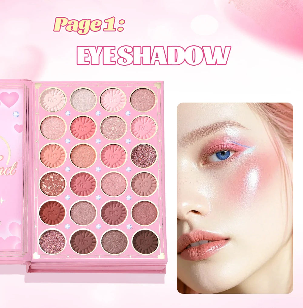 All-in-One 5-Page Makeup Magic Book: Full Kit with Multi-Shade Eyeshadow, Blush, Highlighter, Contour & Glossy Lip Gloss