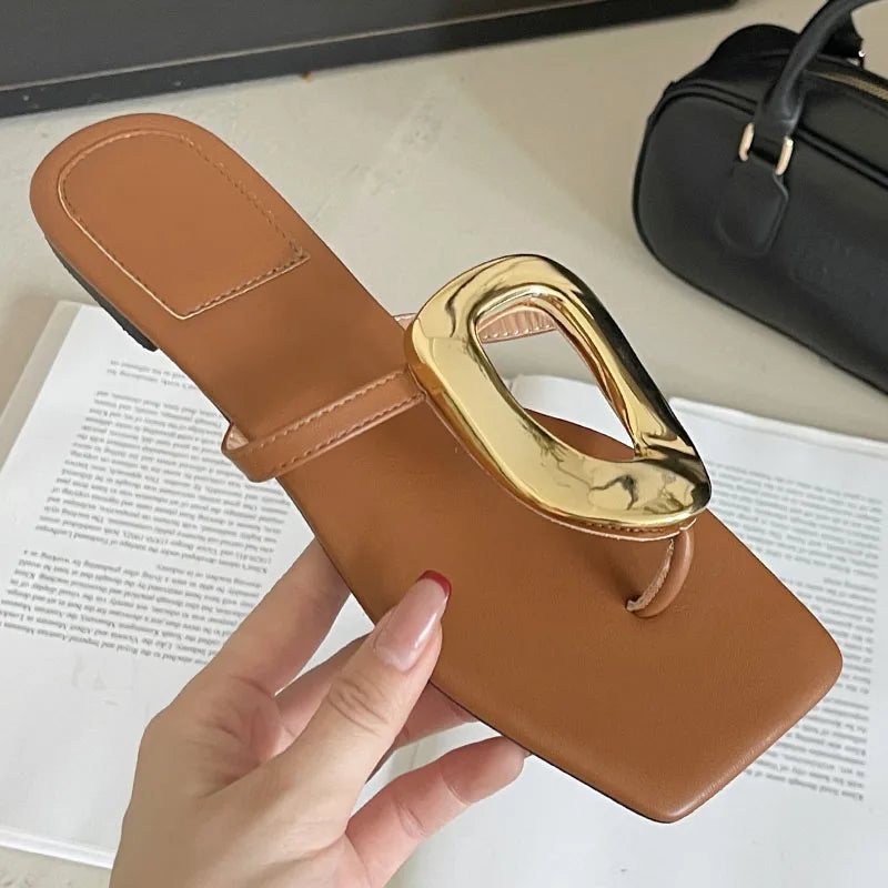 New In 2025 Luxury Women Slippers Summer Beach Fashion Metal Flip Flops Female Slides Slippers Ladies Flats Sandals Shoes