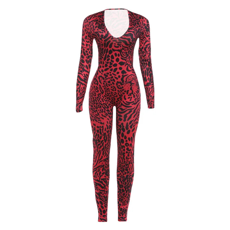 FAGADOER Fashion Leopard Printting Patchwork Bodycon Jumpsuits Woman Low-cut Long Sleeves Rompers Female Streetwear Overalls New