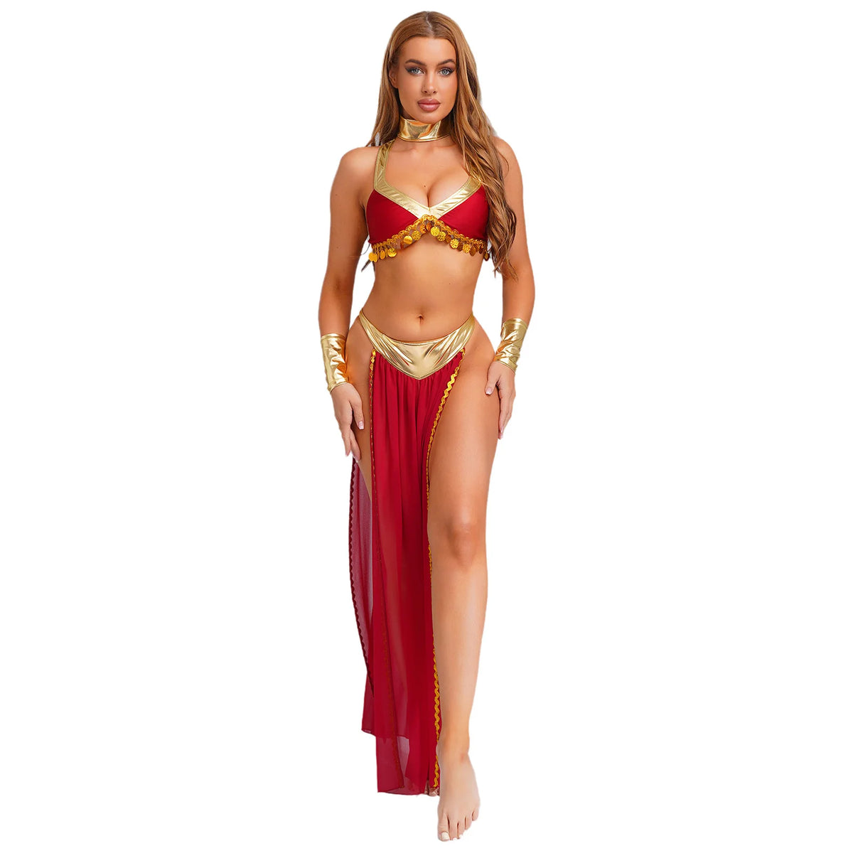 Women Ancient Egyptian Queen Cosplay Outfits with Collar Crop Top with Chiffon Skirt Metallic Shiny Indian Belly Dance