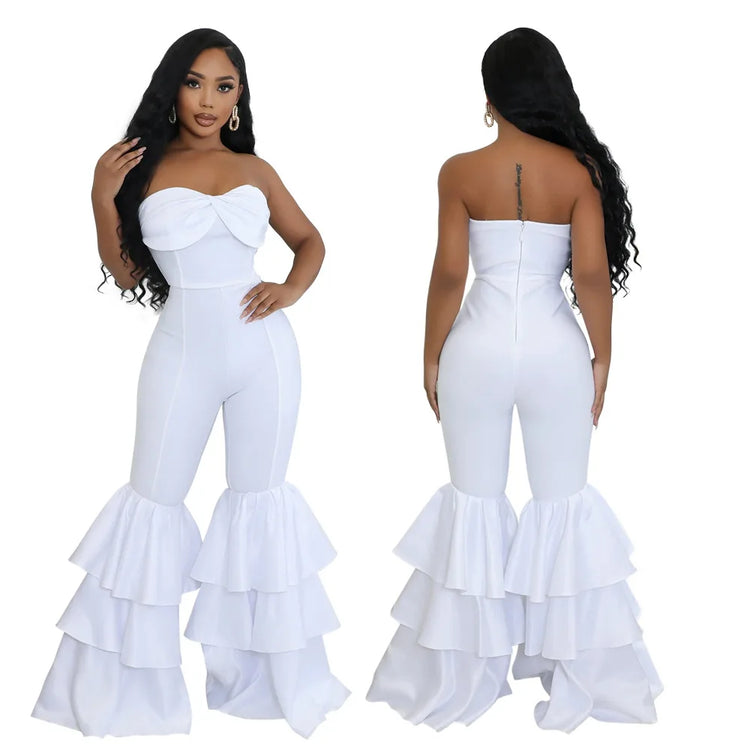 Jumpsuits Strapless Women Sleeveless Sexy Rompers One Piece Overalls Slim Fit Long Pant Ruffles Patchwork Elegant Lady
