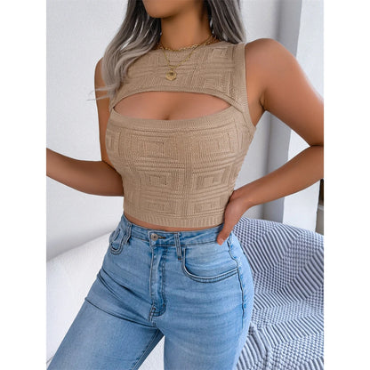 Summer Women Tshirt Hollow Out Solid Letter Sleeveless Knitted Tee Tops Casual Slim O Neck 2024 Fashion T Shirt