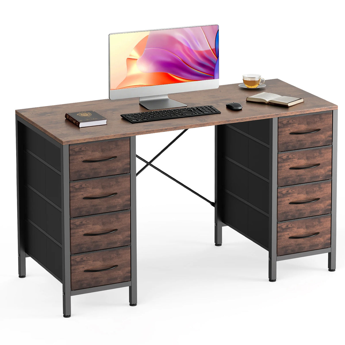 MCQ 47 Inch Standing Office Computer Desk with 8 Fabric Drawers Ergonomic X-Shaped Reinforced Structure Writing Study Work Table Gaming Table for Home Office Use Workstation ﻿