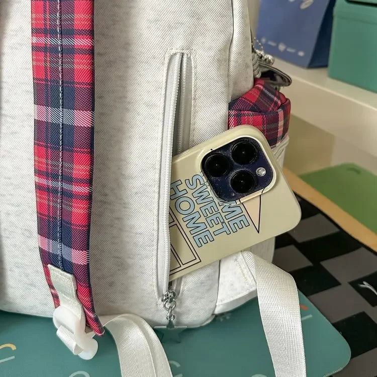 Preppy Style Blue Backpack for Girls, Plaid Spliced School Bag, Cute Nylon Daypack Star Pendant, Large Capacity Student Rucksack