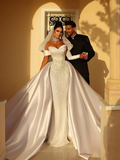 Detachable Satin Train Wedding Dress Elegant Dazzling Beaded Bridal Gown Customized Dreamy Sweetheart Neck Dresses For Bride