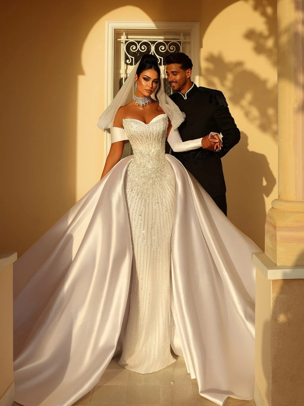 Detachable Satin Train Wedding Dress Elegant Dazzling Beaded Bridal Gown Customized Dreamy Sweetheart Neck Dresses For Bride