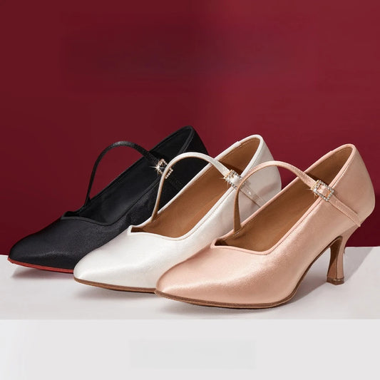 UK Latin Dance Shoes Women's Mid Heel Flexible Sole Ballroom Practice Shoes for Waltz Tango