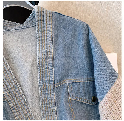Fat mm200 Pounds Vintage Denim Patchwork Sweater Coat ins Fashion Woman 2024 Autumn and Winter Thickened Loose Niche Cardigan