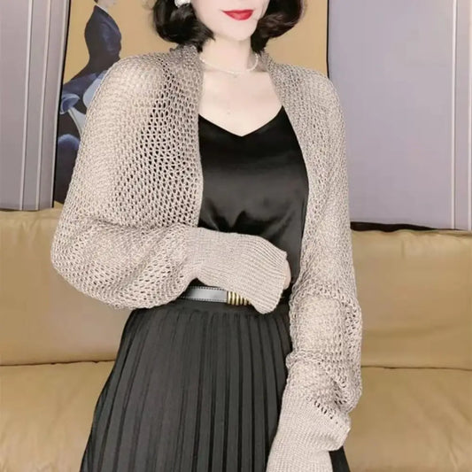 Womens Fashion Hollow Ice Silk Shawl Simple Elegant Thin Outerwear Coat Luxury Long Sleeve Smock Top