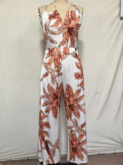 New Summer Sleeveless Halter Jumpsuits for Women Backless Print Lace-up Wide-leg Women Jumpsuit Rompers Womens Jumpsuit