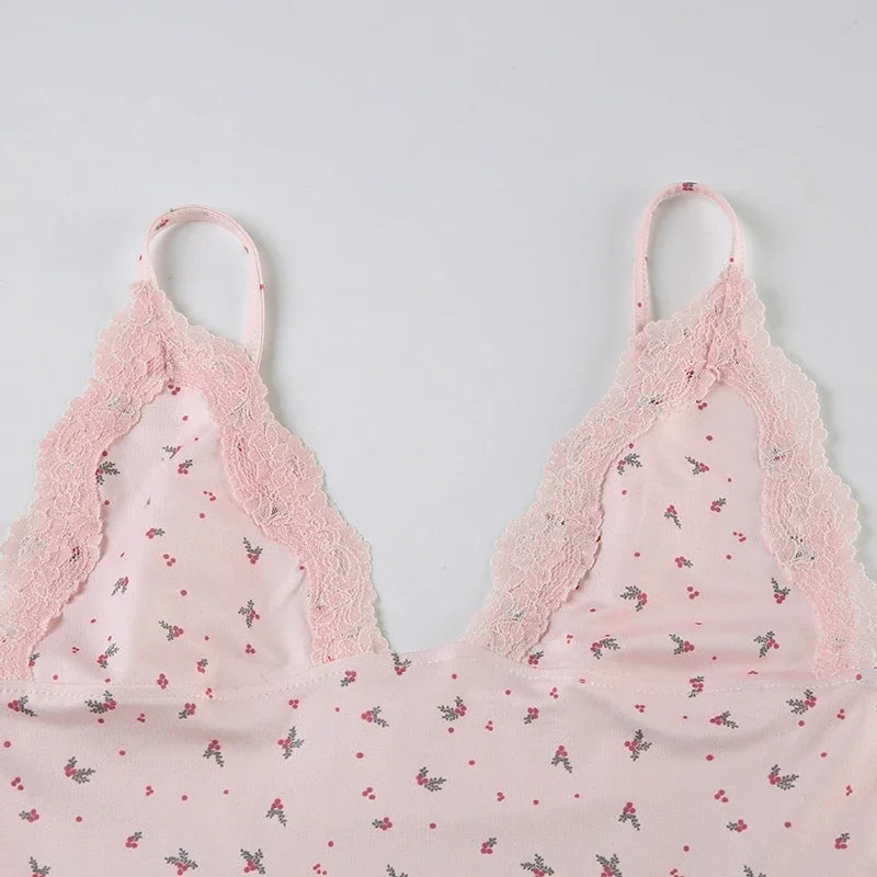 Summer Two-piece Pajamas Set for Women Sleepwear  Floral Lace Pink Sleeveless Camisoles and Slim Shorts Loungewear