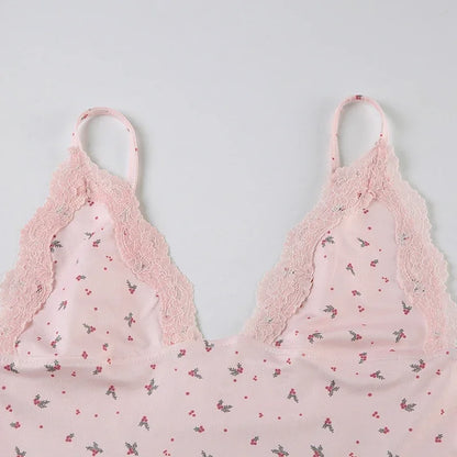 Summer Two-piece Pajamas Set for Women Sleepwear  Floral Lace Pink Sleeveless Camisoles and Slim Shorts Loungewear