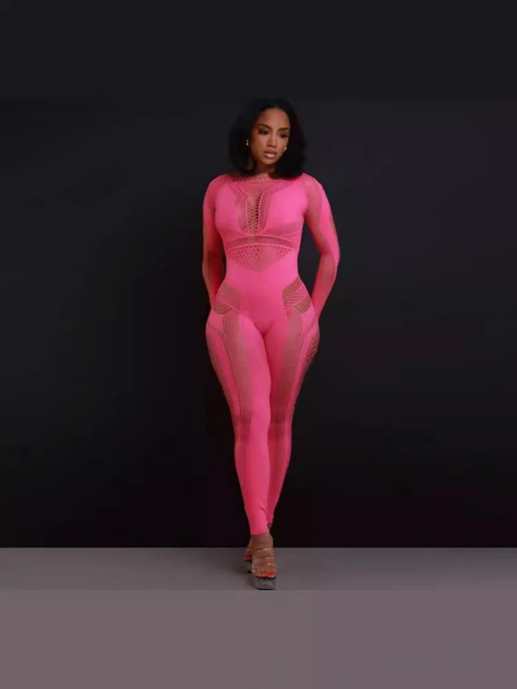 2026 Latest Design Woman Playsuits See Through Mesh Hollow Out Knit Rompers Sexy Clubwear Women's One Piece Bodysuits Jumpsuit