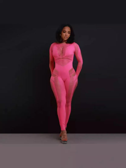 2026 Latest Design Woman Playsuits See Through Mesh Hollow Out Knit Rompers Sexy Clubwear Women's One Piece Bodysuits Jumpsuit