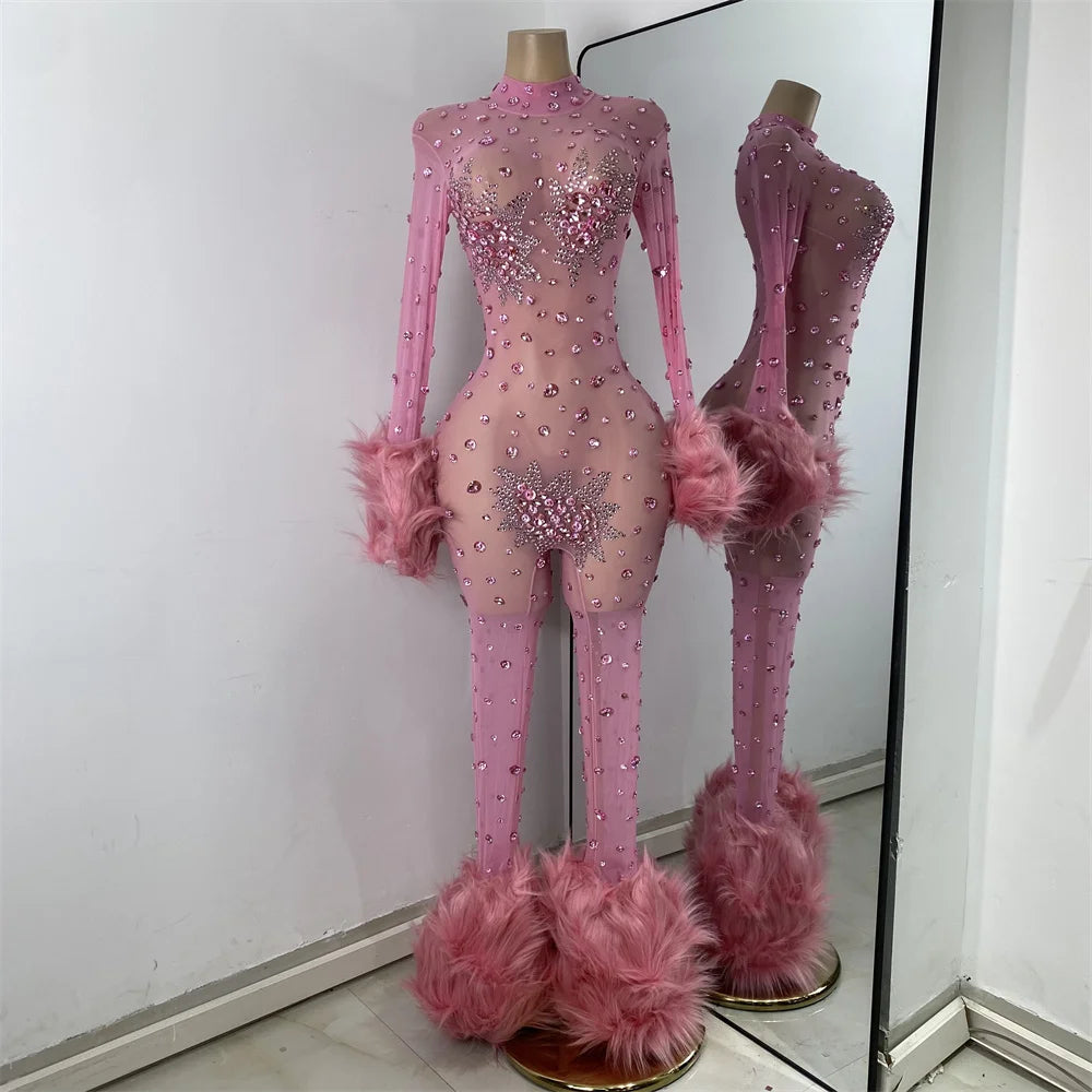 Luxury Diamonds Mesh Transparent Stretchy Jumpsuit for Women Sexy Long Sleeve Performance Singer Costume Nightclub Outfit 2025