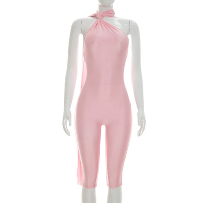 Women Fashion Overalls Playsuits Beach Vacation Clubwear Sexy Backless Ruched Halter Neck Tie Solid Slim Fit Capris Jumpsuit