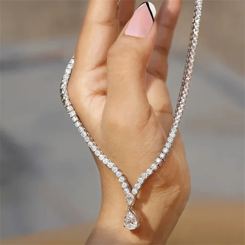 6Carat Pear Cut Full Moissanite Tennis Necklace for Women V-shape 3mm Round Cut Diamond S925 Silver WaterDrop Riviera Necklaces