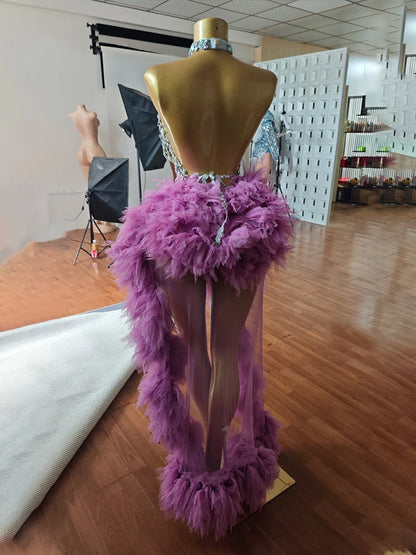 Sexy Purple Neck Hanging Spider Web 2PCS Set Gauze See-through Dress Carnival Performance Singer Dance Costume Drag Queen Stage