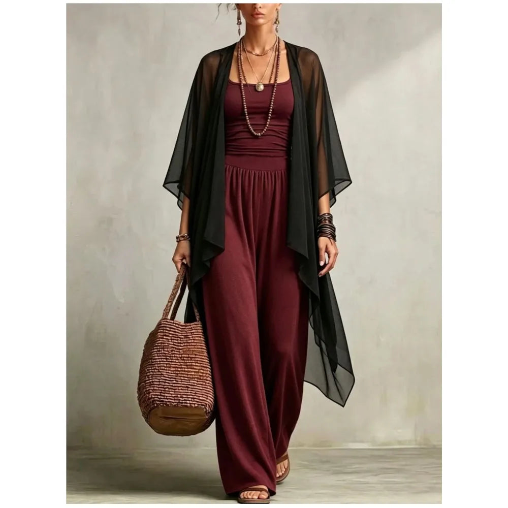 Summer New Sexy Bandeau One Piece Pants Set For Women's 2 Piece Casual Loose Fitting Wide-leg Pants Plus Shawl Tops Set Female