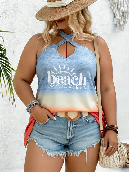 Plus Size Women's Tank Top Halter Cross Ombre Letter Print Slim Tops Casual Tank Top Spring Summer Beach Soft Tops
