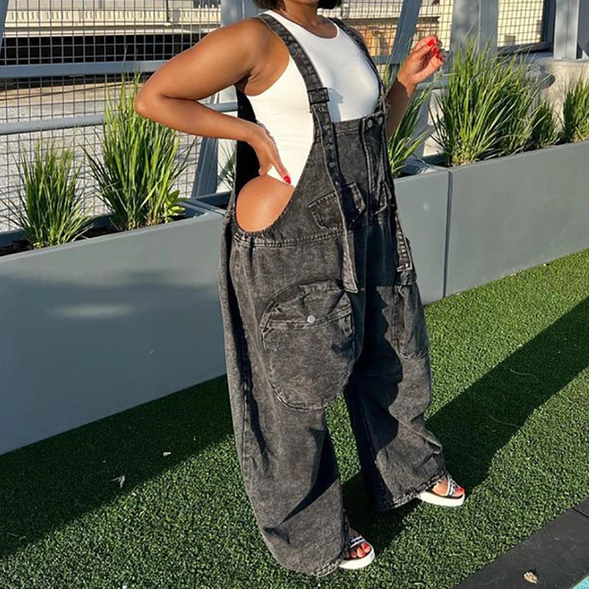 Denim Jumpsuits Women One Piece Pants Sleeveless V Neck Pockets High Waist Straight Pant Casual Rompers Overalls Spring Summer