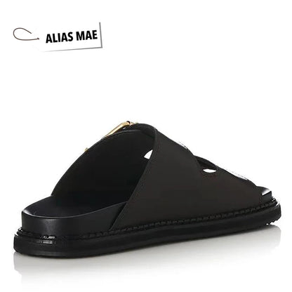 ALIAS MAE Women's Genuine Leather Double-Strap Slippers Vintage Gold Buckle Streetwear Beach Sandals Minimalist Luxury Style