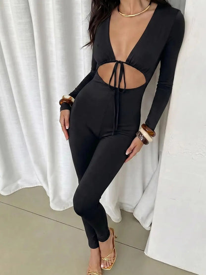 Women's solid color sexy exposed navel lace up hollow long sleeved slim fit jumpsuit