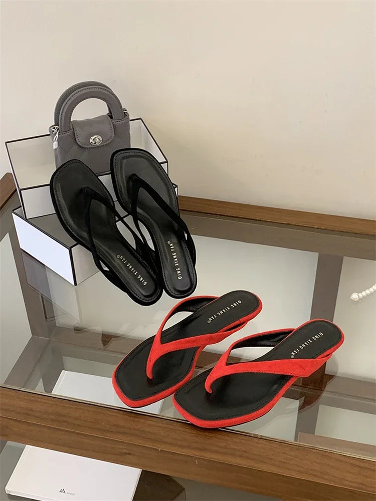 ZAROY Red Women's Flip Flops Summer Slippers Square Clip Toe Thin Low Heels Casual Beach Mules Slides Thongs Sandals Zapatos