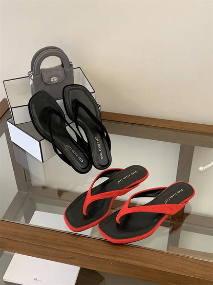 ZAROY Red Women's Flip Flops Summer Slippers Square Clip Toe Thin Low Heels Casual Beach Mules Slides Thongs Sandals Zapatos