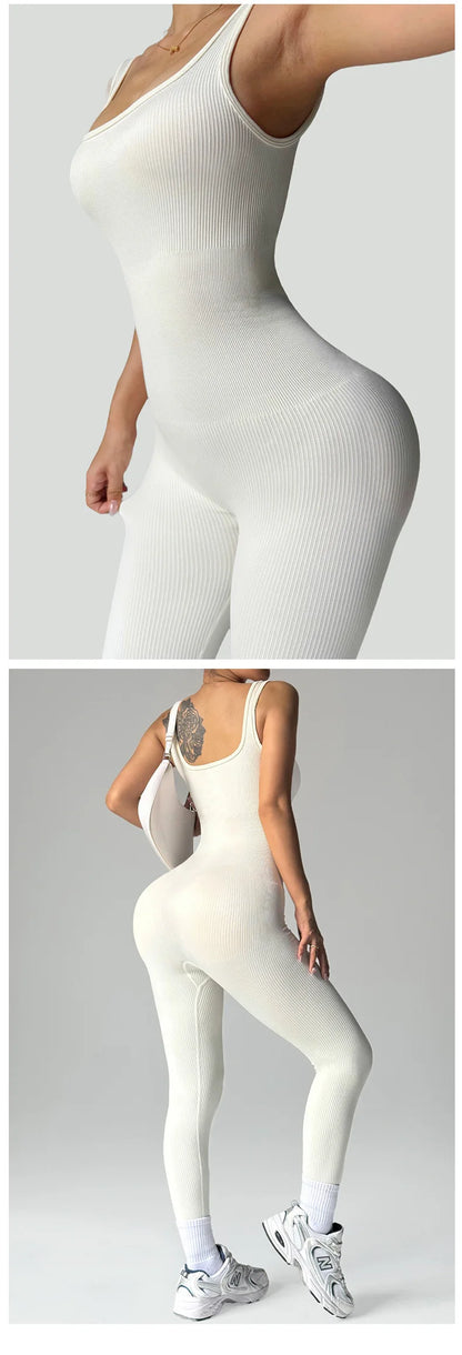 Women's One Piece Fitness Jumpsuits Seamless Slim Tracksuit High Elastic Gym Workout Bodysuit Ribbed Knited Hip Lift Jumpsuits