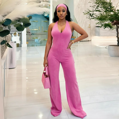 Casual sports faux washed printed headband paired with backless flared jumpsuit