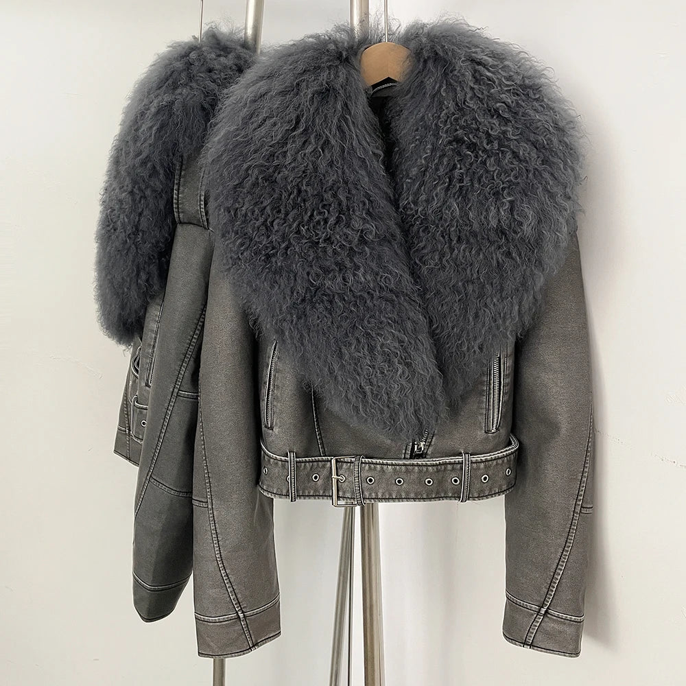 Luxury Natural Mongolian Sheep Fur Coat Women Winter Short Faux Leather Jacket Female Moto Biker Outwear New Coats and Jackets