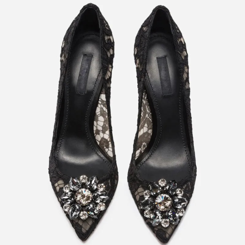 Mesh lace high-heeled shallow mouth shoes 2026 new pointed crystal buckle slim heel fashionable banquet women's single shoes