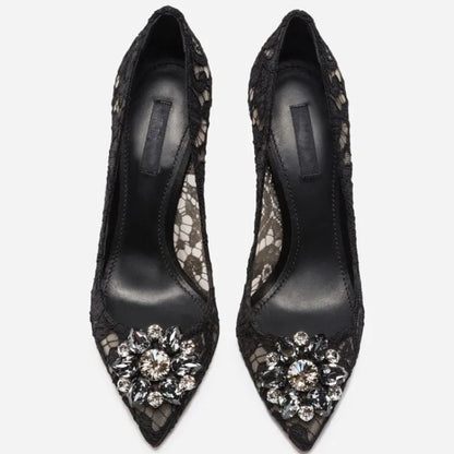 Mesh lace high-heeled shallow mouth shoes 2026 new pointed crystal buckle slim heel fashionable banquet women's single shoes